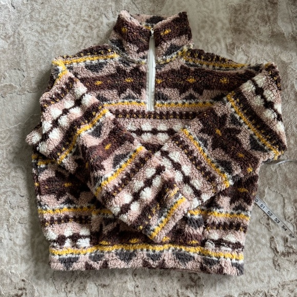 Aerie OFFLINE Sherpa brown & yellow pattern 1/4 zip cozy Sweater Cabincore - Picture 2 of 8